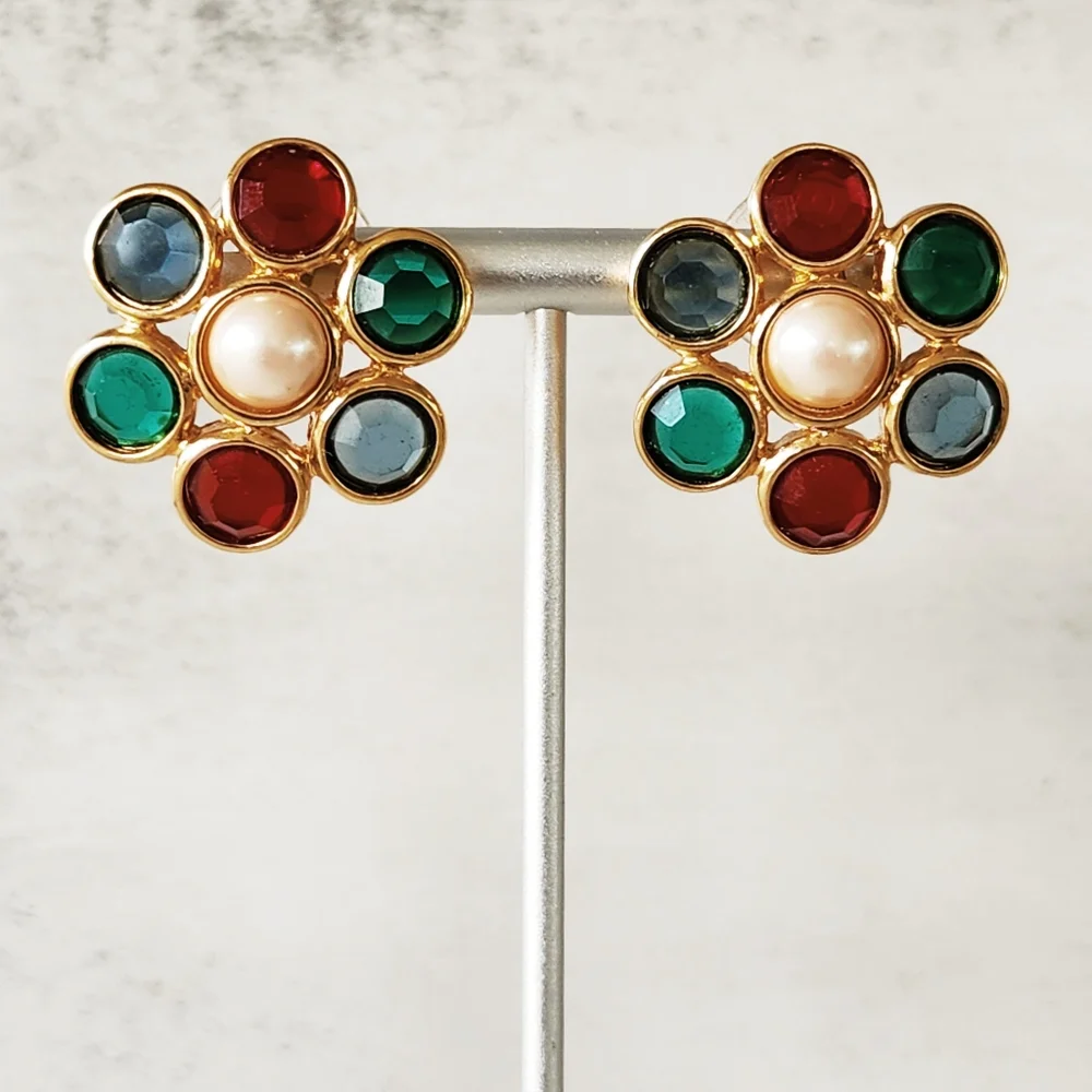 Vintage Monet Faceted Red Blue Green Glass Faux Pearl Round Flower Post Earrings